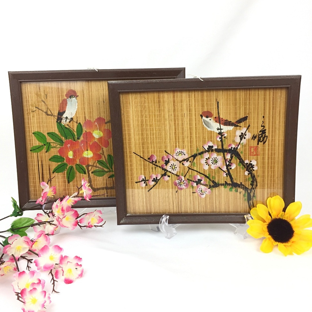 Vintage Framed HandPainted Birds Bamboo Scroll Art
